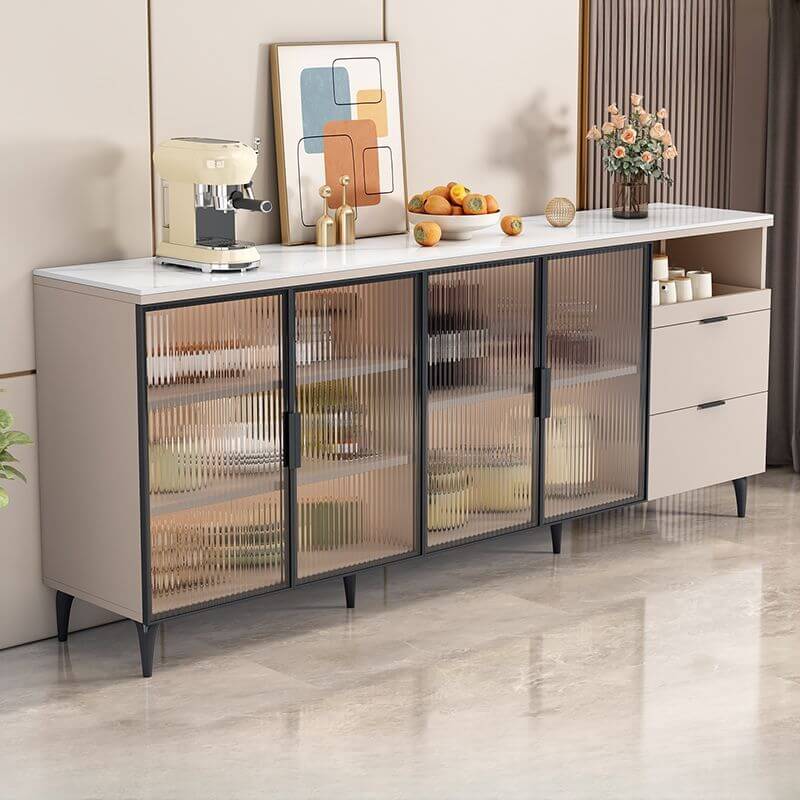 Modern Narrow Sideboard with Ribbed Glass Doors and Stone Top