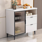 Modern Narrow Sideboard with Ribbed Glass Doors and Stone Top