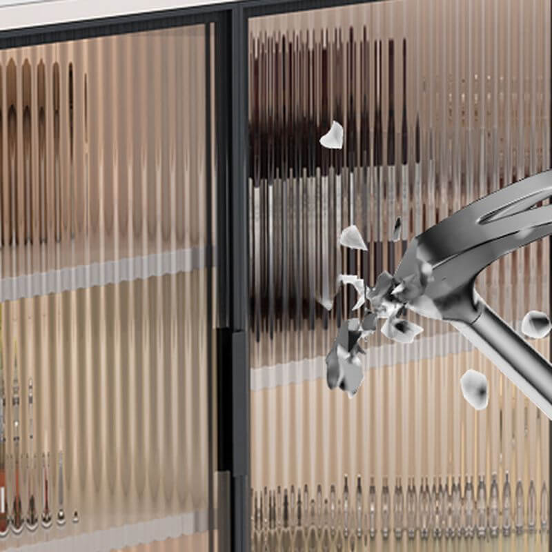 Modern Narrow Sideboard with Ribbed Glass Doors and Stone Top