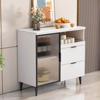 Modern Narrow Sideboard with Ribbed Glass Doors and Stone Top