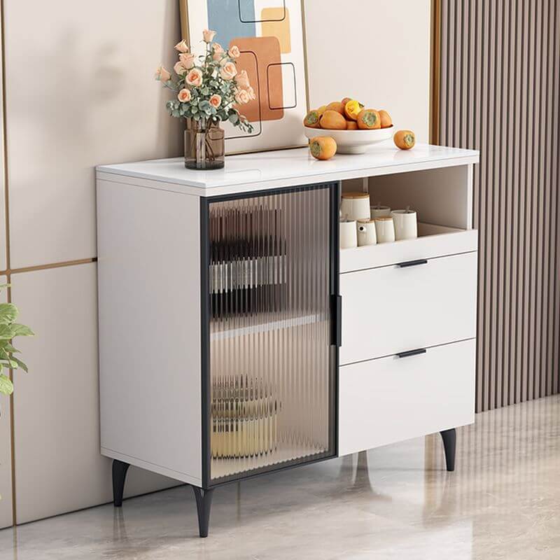 Modern Narrow Sideboard with Ribbed Glass Doors and Stone Top