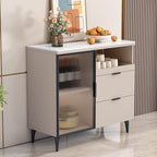 Modern Narrow Sideboard with Ribbed Glass Doors and Stone Top