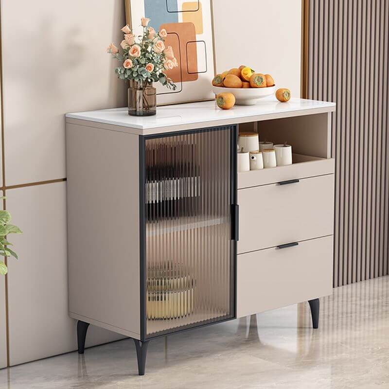 Modern Narrow Sideboard with Ribbed Glass Doors and Stone Top