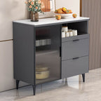 Modern Narrow Sideboard with Ribbed Glass Doors and Stone Top