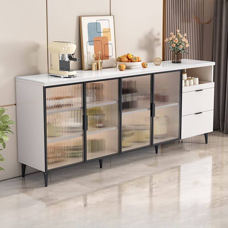 Modern Narrow Sideboard with Ribbed Glass Doors and Stone Top