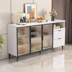 Modern Narrow Sideboard with Ribbed Glass Doors and Stone Top