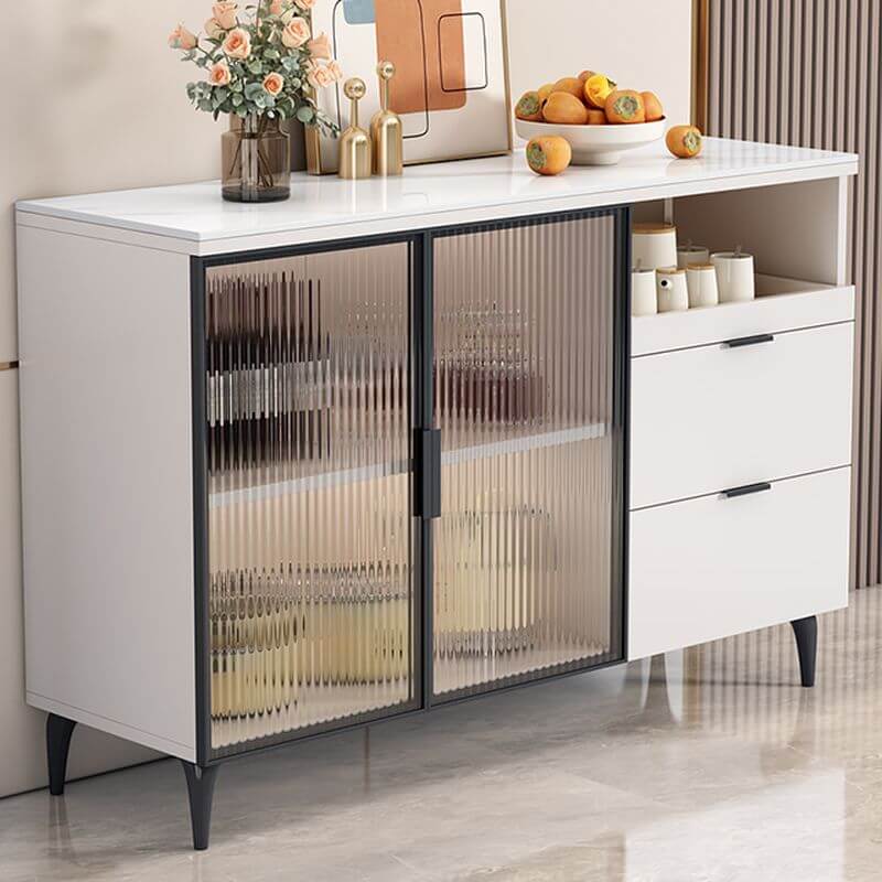 Modern Narrow Sideboard with Ribbed Glass Doors and Stone Top