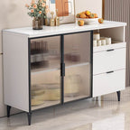 Modern Narrow Sideboard with Ribbed Glass Doors and Stone Top