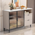 Modern Narrow Sideboard with Ribbed Glass Doors and Stone Top
