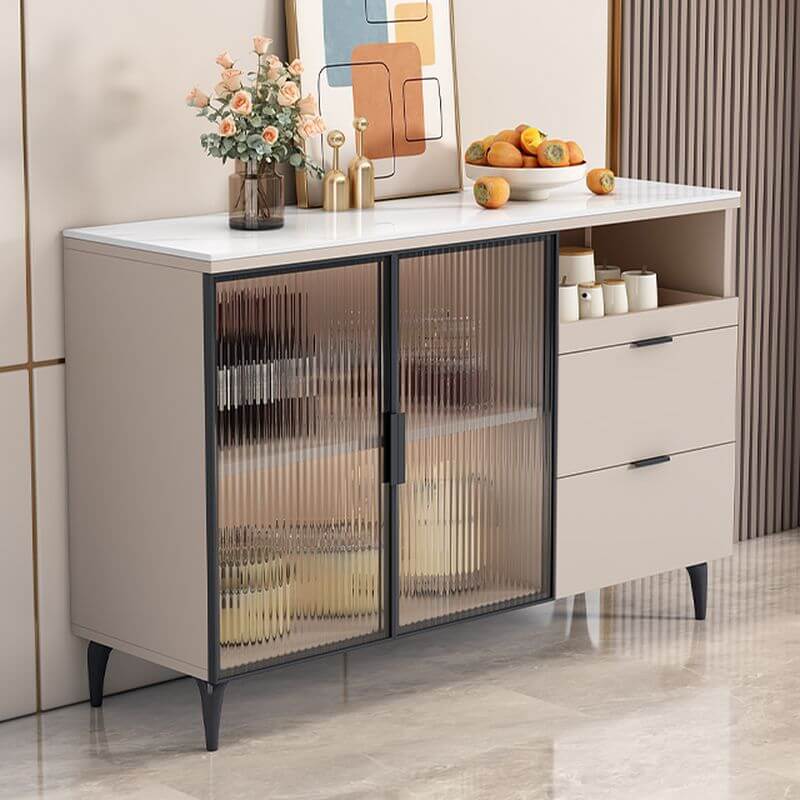 Modern Narrow Sideboard with Ribbed Glass Doors and Stone Top