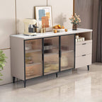 Modern Narrow Sideboard with Ribbed Glass Doors and Stone Top