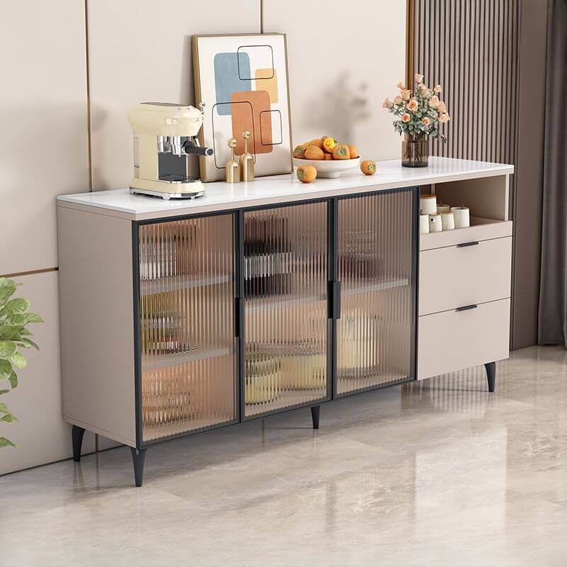 Modern Narrow Sideboard with Ribbed Glass Doors and Stone Top