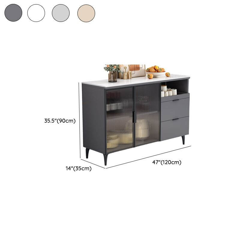 Modern Narrow Sideboard with Ribbed Glass Doors and Stone Top Dimensions