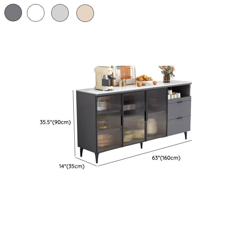 Modern Narrow Sideboard with Ribbed Glass Doors and Stone Top Dimensions