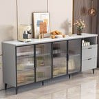 Modern Narrow Sideboard with Ribbed Glass Doors and Stone Top Main Product Image