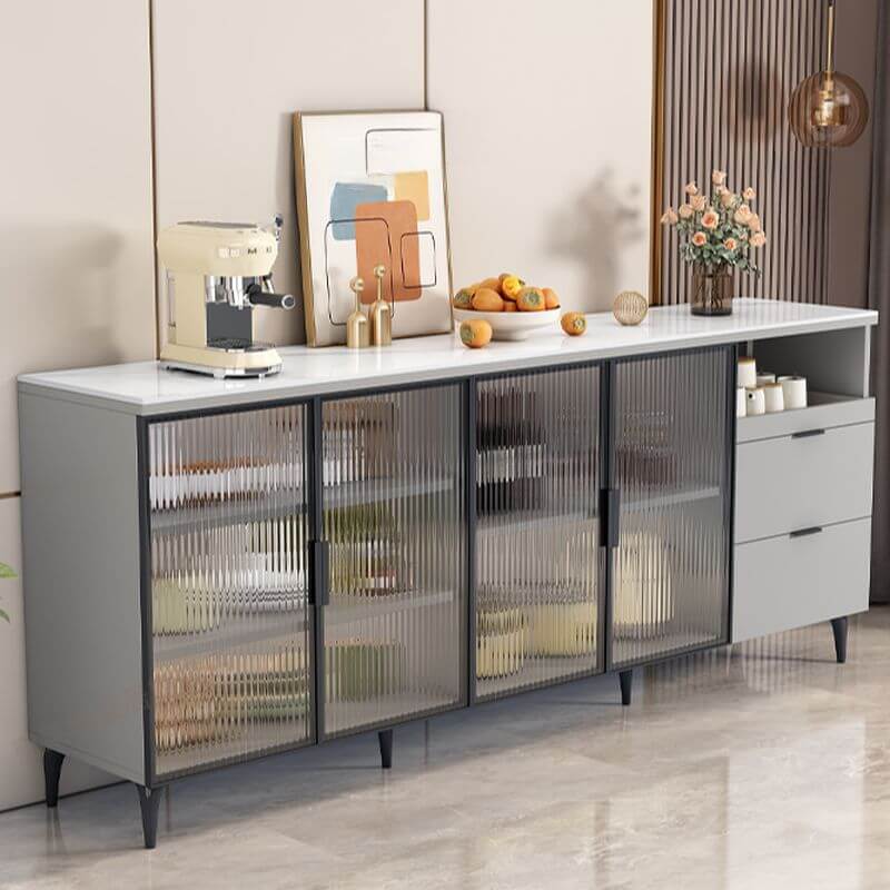 Modern Narrow Sideboard with Ribbed Glass Doors and Stone Top Main Product Image