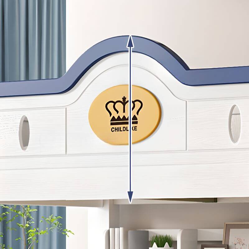 Modern Natural Finish Blue/White Bunk Bed with Storage & Bookshelf