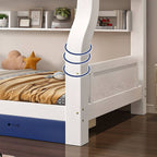 Modern Natural Finish Blue/White Bunk Bed with Storage & Bookshelf
