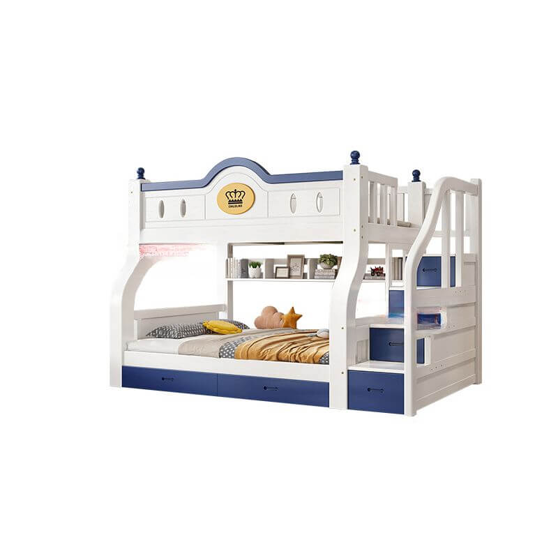 Modern Natural Finish Blue/White Bunk Bed with Storage & Bookshelf