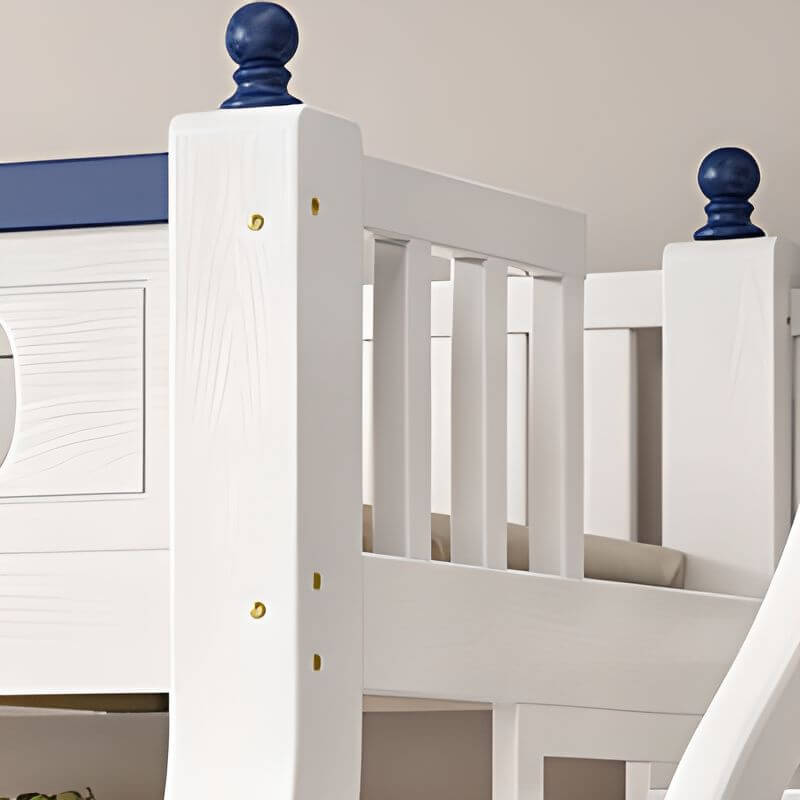Modern Natural Finish Blue/White Bunk Bed with Storage & Bookshelf