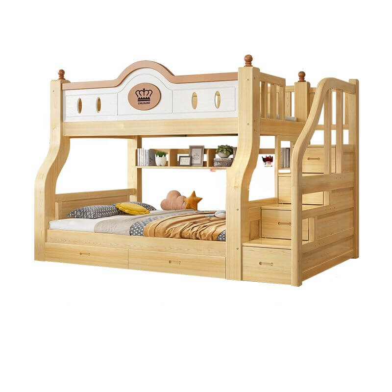 Modern Natural Finish Blue/White Bunk Bed with Storage & Bookshelf