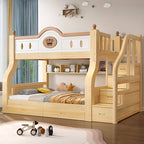 Modern Natural Finish Blue/White Bunk Bed with Storage & Bookshelf
