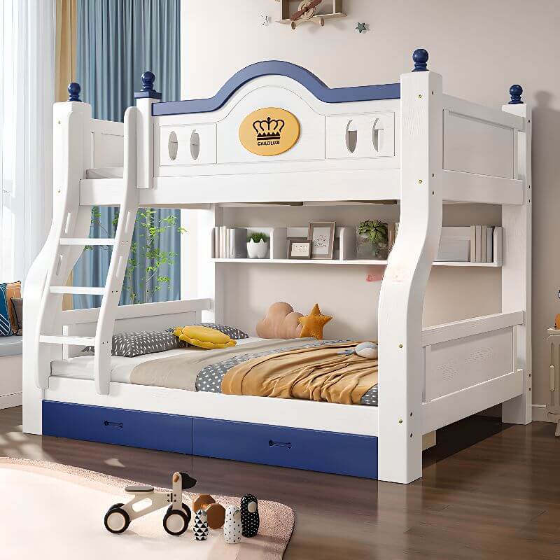 Modern Natural Finish Blue/White Bunk Bed with Storage & Bookshelf