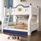 Modern Natural Finish Blue/White Bunk Bed with Storage & Bookshelf