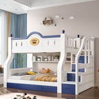 Modern Natural Finish Blue/White Bunk Bed with Storage & Bookshelf Main Product Image