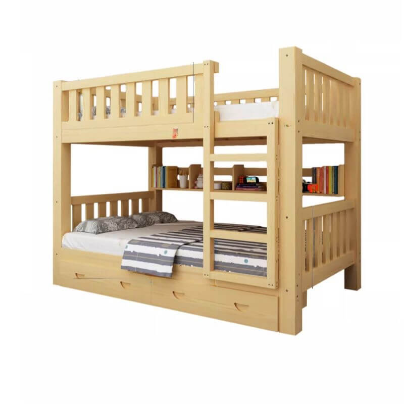 Modern Natural Finish Bunk Bed with Built-In Ladder for Kids