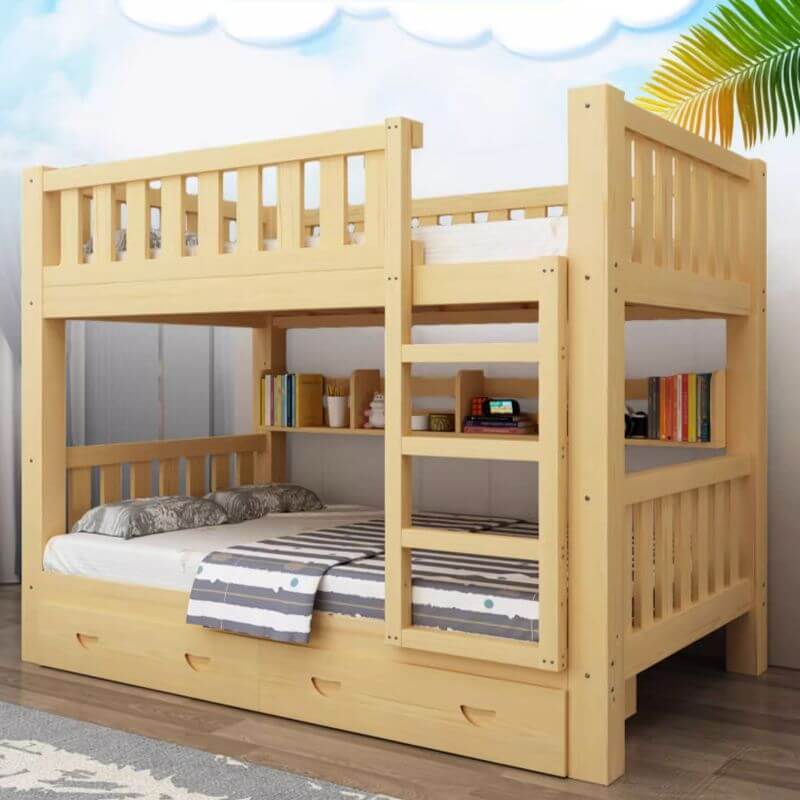 Modern Natural Finish Bunk Bed with Built-In Ladder for Kids サブ画像