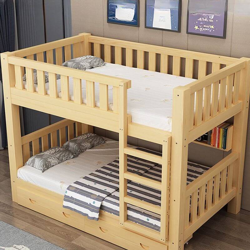Modern Natural Finish Bunk Bed with Built-In Ladder for Kids