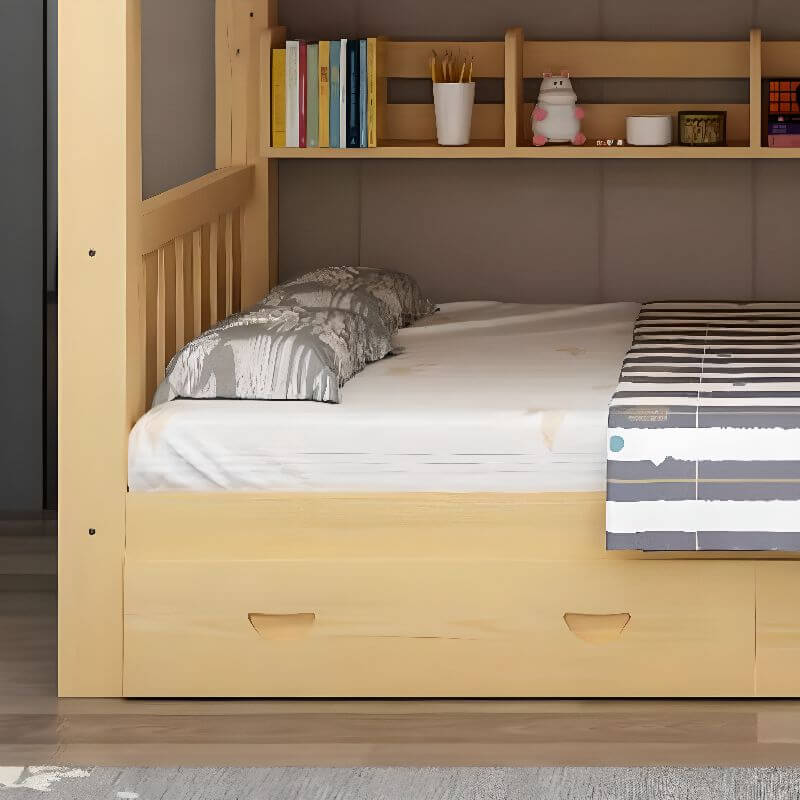 Modern Natural Finish Bunk Bed with Built-In Ladder for Kids