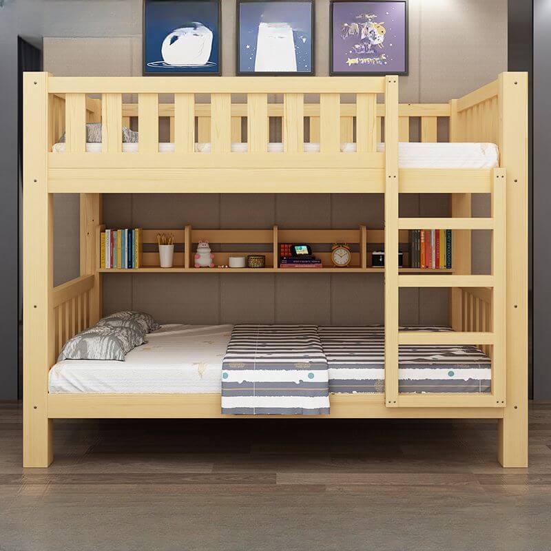 Modern Natural Finish Bunk Bed with Built-In Ladder for Kids