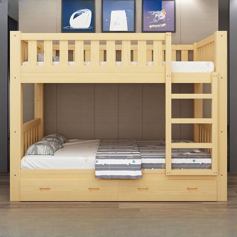 Modern Natural Finish Bunk Bed with Built-In Ladder for Kids