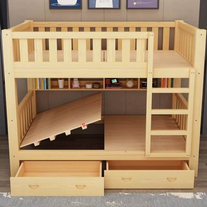 Modern Natural Finish Bunk Bed with Built-In Ladder for Kids Main Product Image