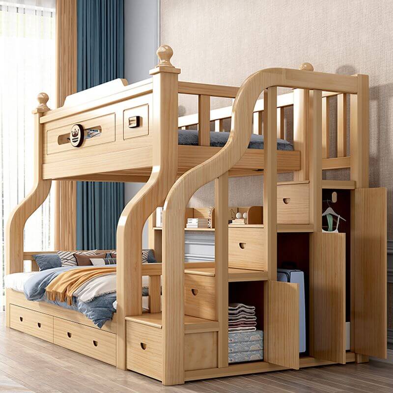 Modern Natural Finish Bunk Bed with Ladder for Kids