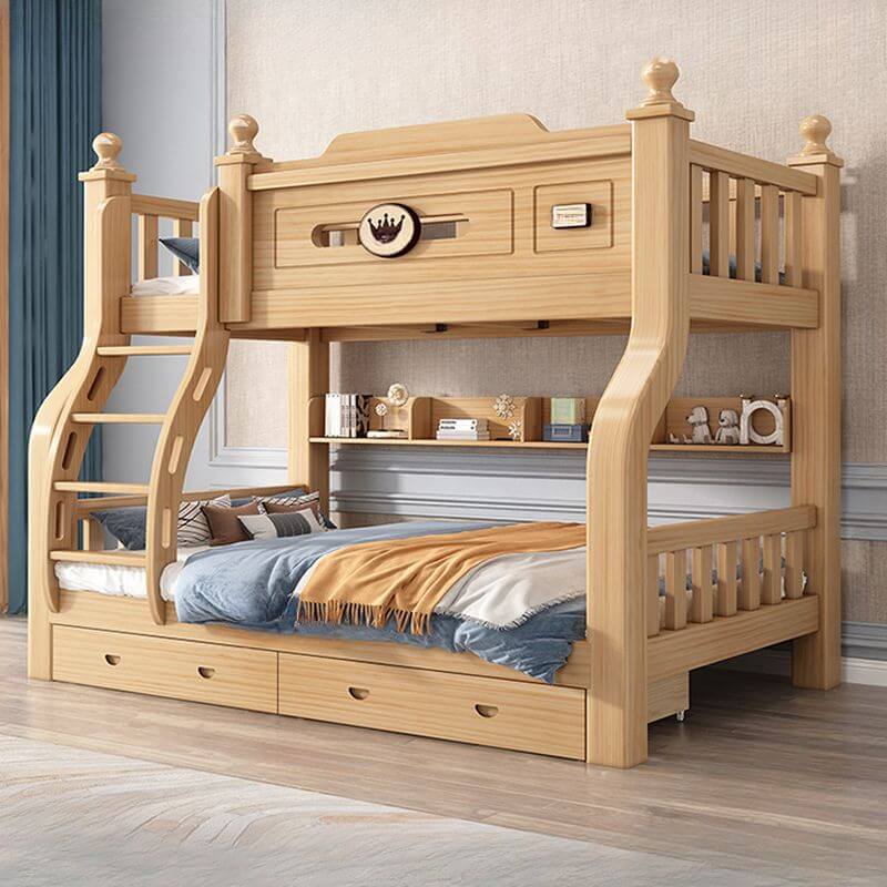 Modern Natural Finish Bunk Bed with Ladder for Kids