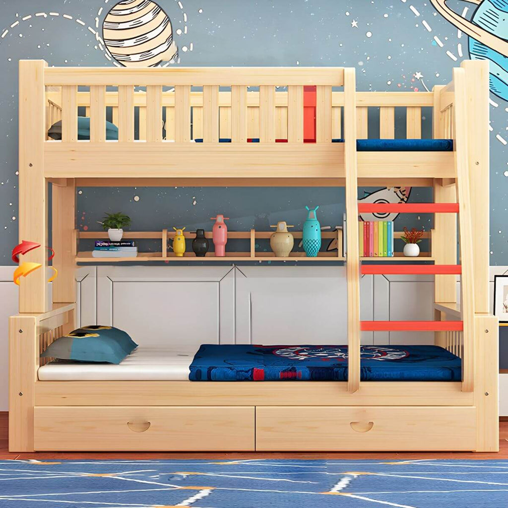 Modern Natural Finish Bunk Bed with Storage & Bookcase