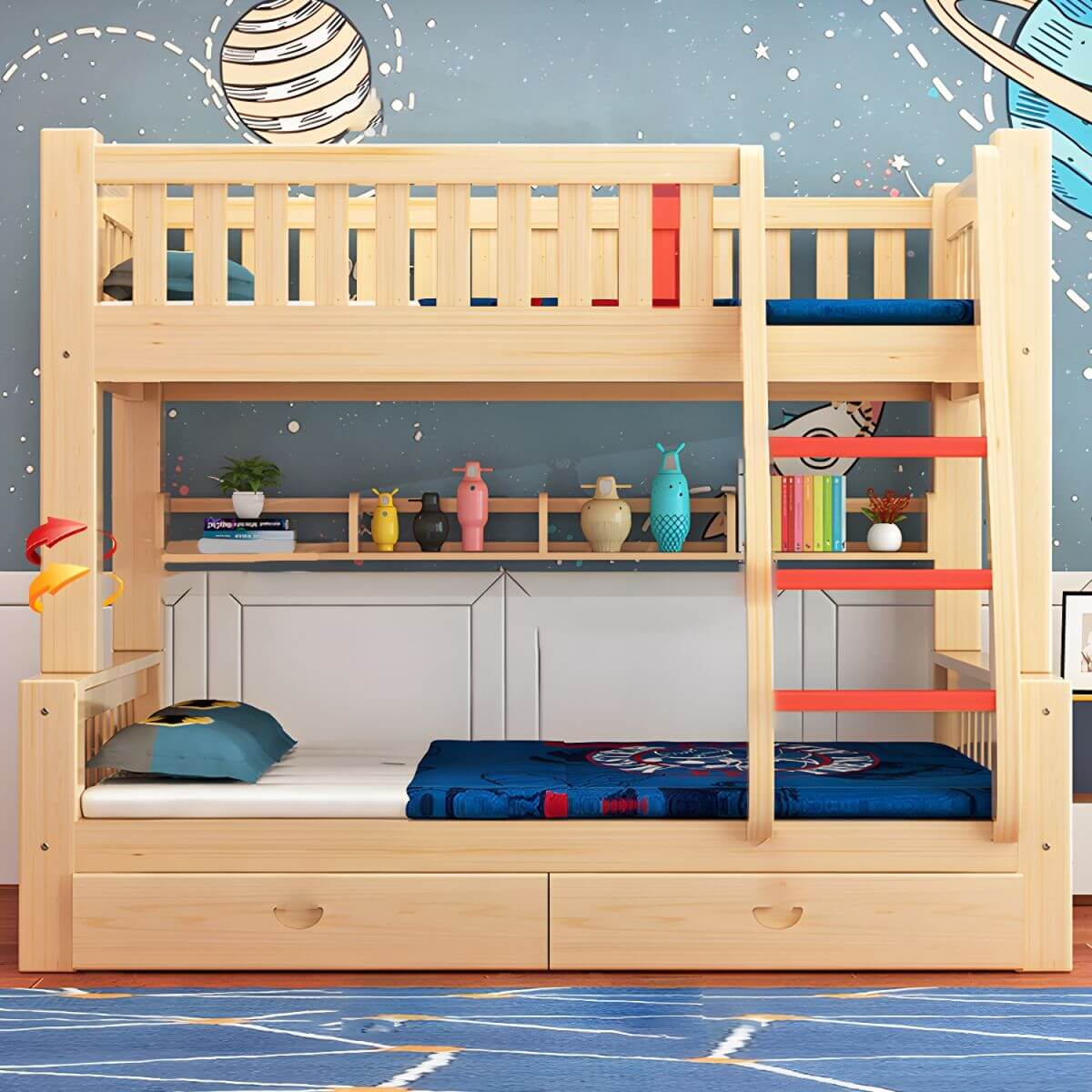 Modern Natural Finish Bunk Bed with Storage & Bookcase