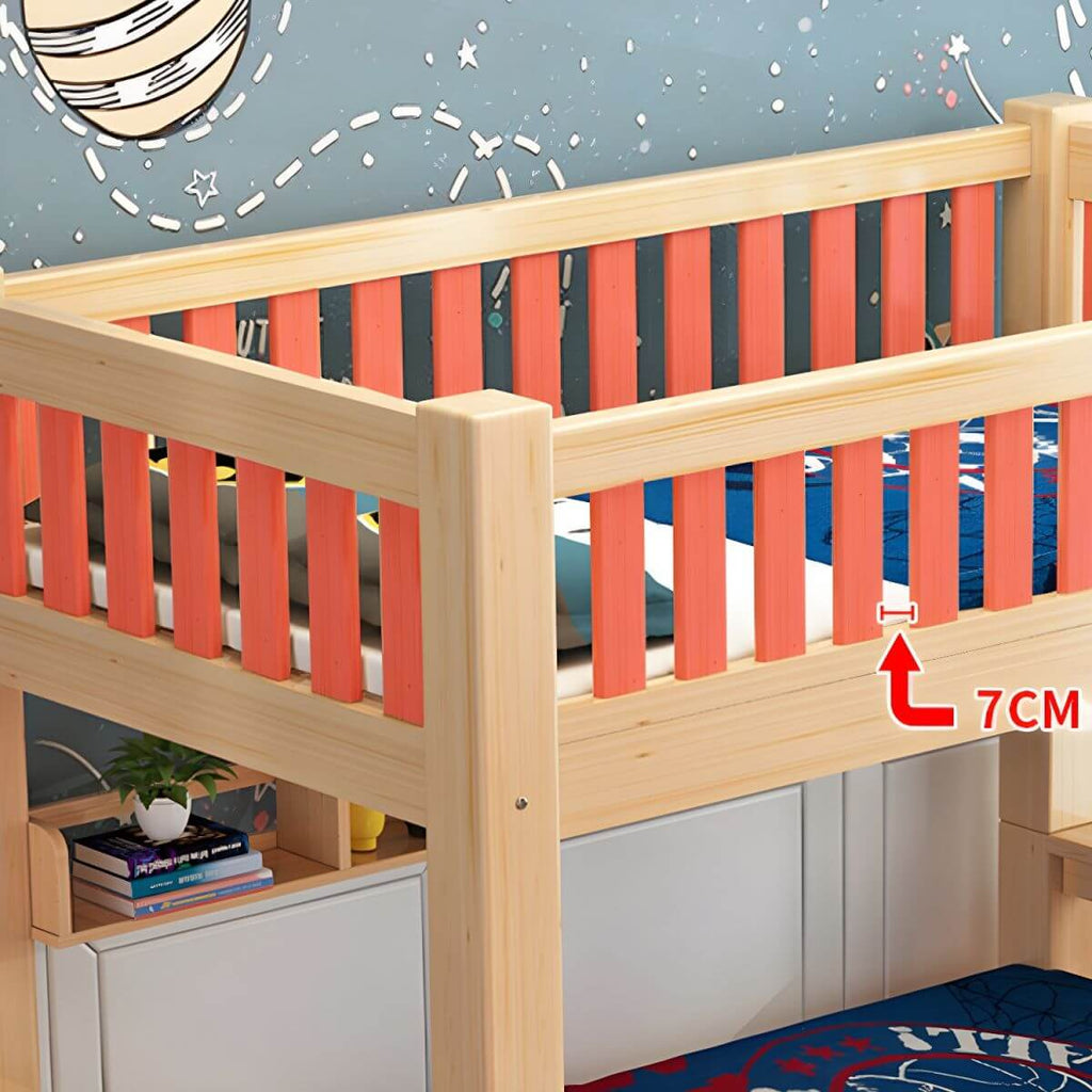 Modern Natural Finish Bunk Bed with Storage & Bookcase