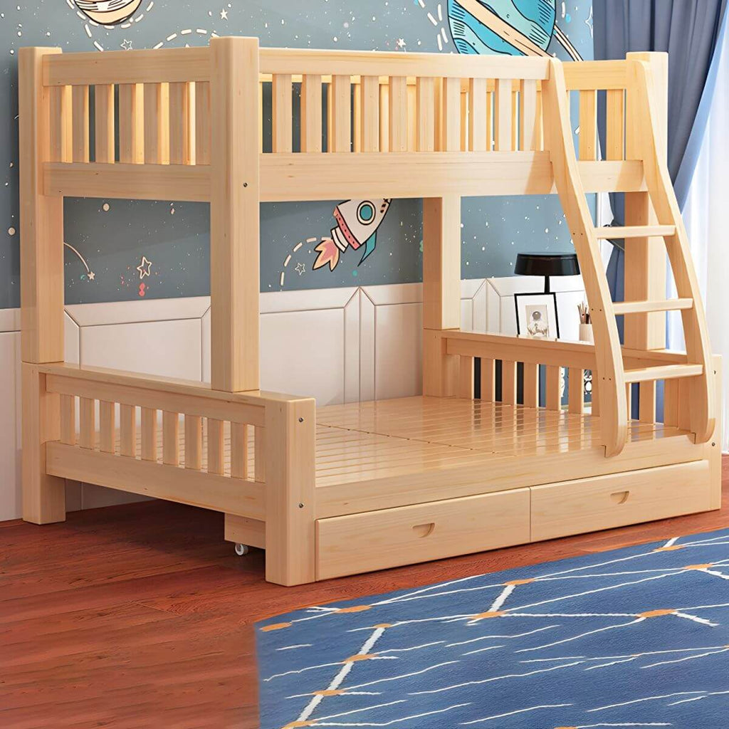Modern Natural Finish Bunk Bed with Storage & Bookcase