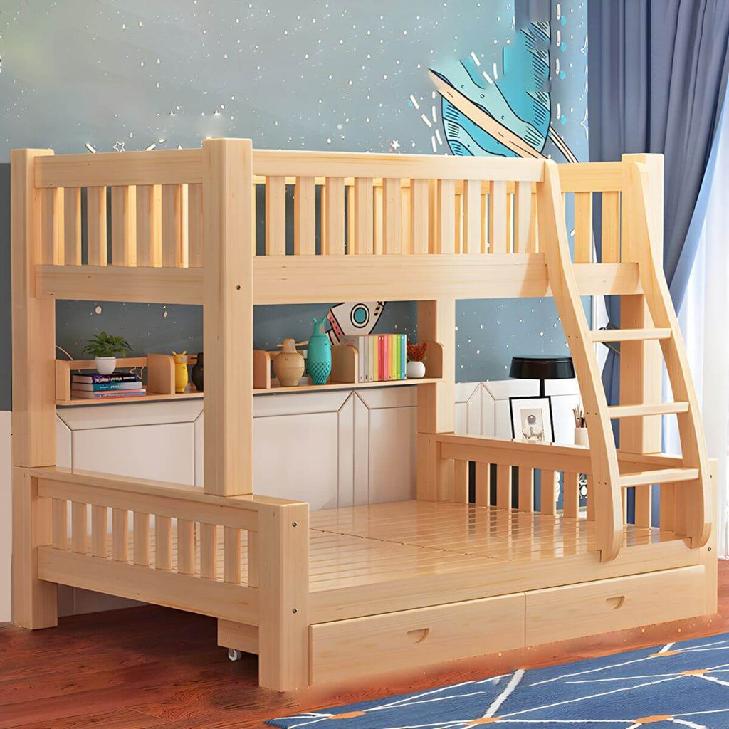 Modern Natural Finish Bunk Bed with Storage & Bookcase