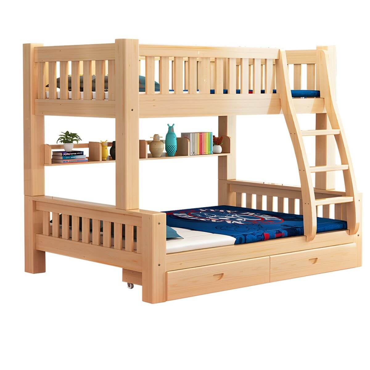 Modern Natural Finish Bunk Bed with Storage & Bookcase