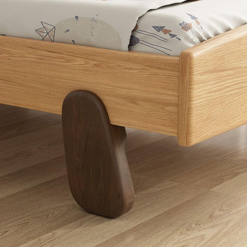 Modern Natural-Finish Panel Bed with Bear-Face Headboard