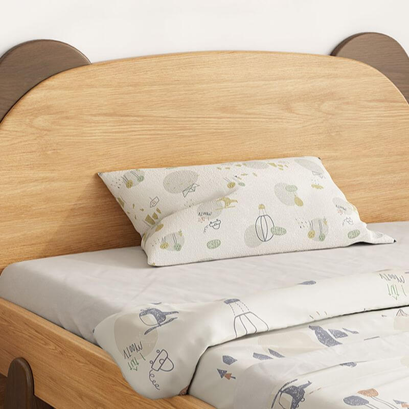 Modern Natural-Finish Panel Bed with Bear-Face Headboard