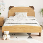 Modern Natural-Finish Panel Bed with Bear-Face Headboard Main Product Image