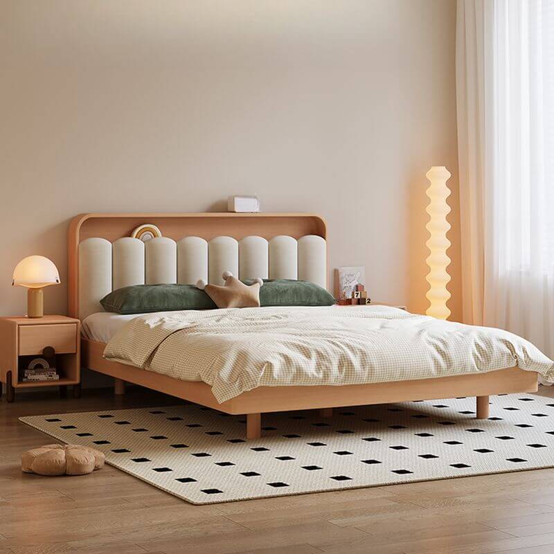 Modern Natural Finish Wood Bed with Upholstered Headboard Zweitbild