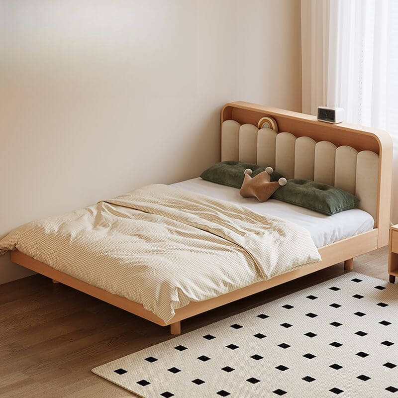 Modern Natural Finish Wood Bed with Upholstered Headboard