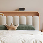 Modern Natural Finish Wood Bed with Upholstered Headboard